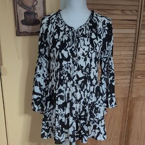 NINETY Black and White Patterned Pleated Tunic Top XL